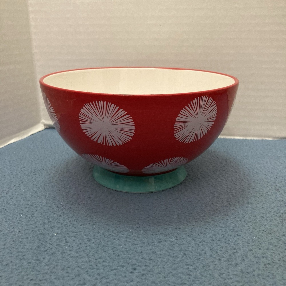 Pioneer Woman Red w/White Starbursts Teal Footed Soup/Cereal/Salad/Dessert Bowl
